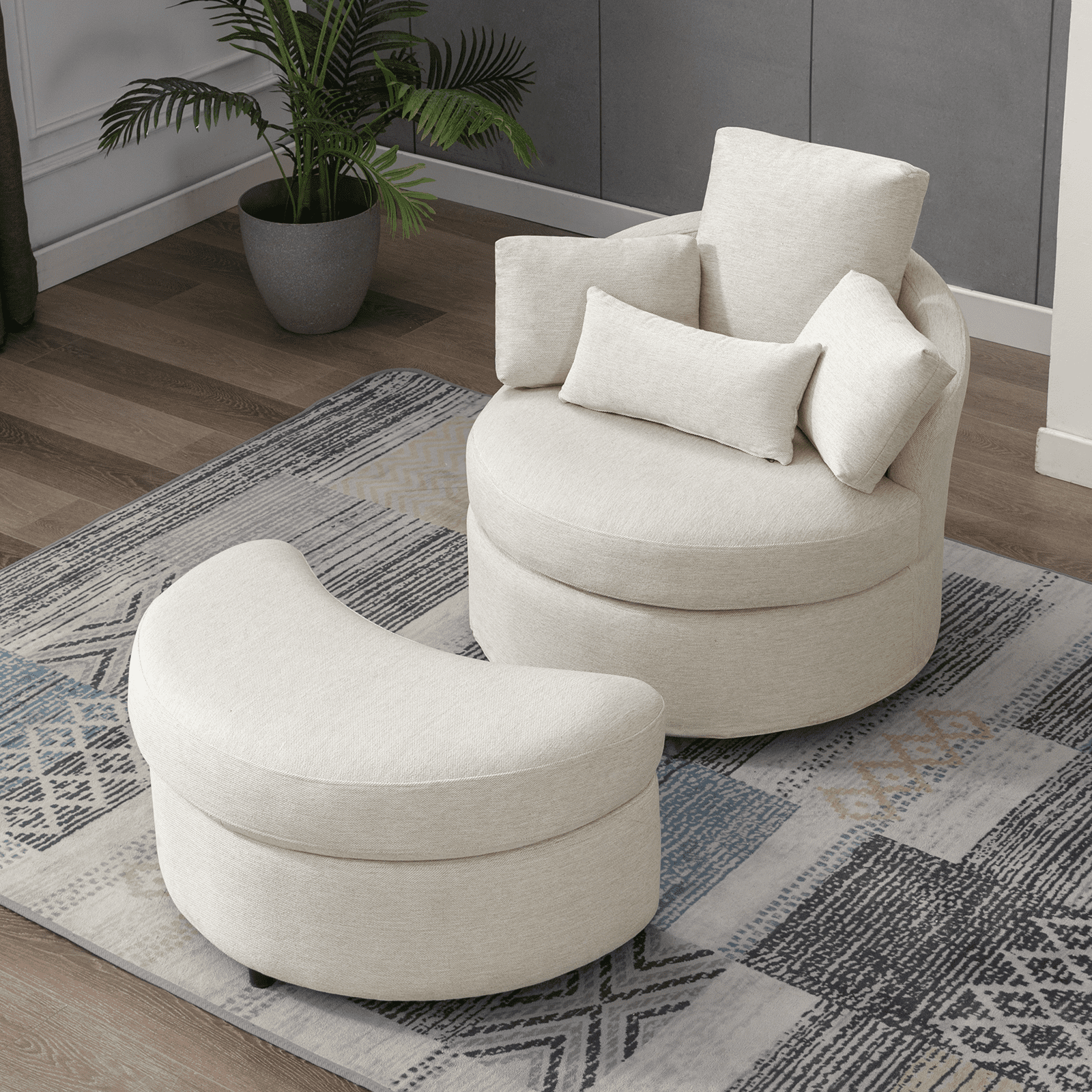 Beige Linen Swivel Barrel Chair with Storage Ottoman