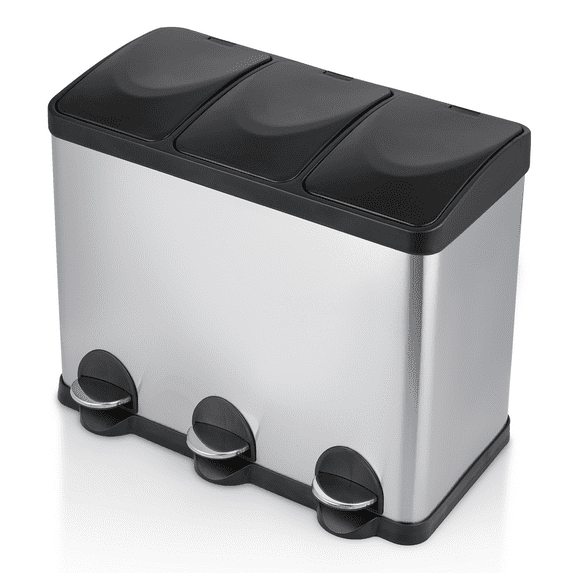 MoNiBloom 12 Gallon Trash Can with 3 Compartments, Step On Garbage Can with Soft-Close Lids and Inner Buckets