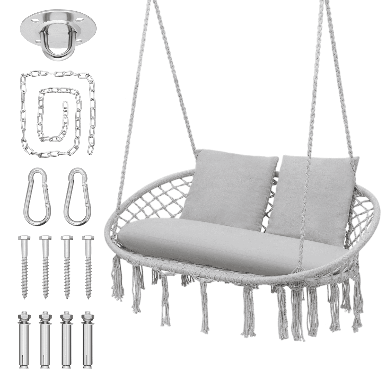 Gray Cotton Rope 2-Person Hammock Chair with Cushions