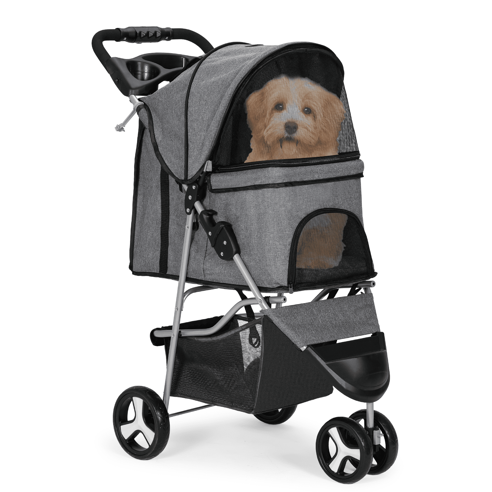 MoNiBloom 3 Wheel Folding Pet Dog Stroller, Foldable Lightweight Trolley with Storage Basket, Cup Holder and 360° Rotating Front Wheel for Small Medium Dogs, Gray