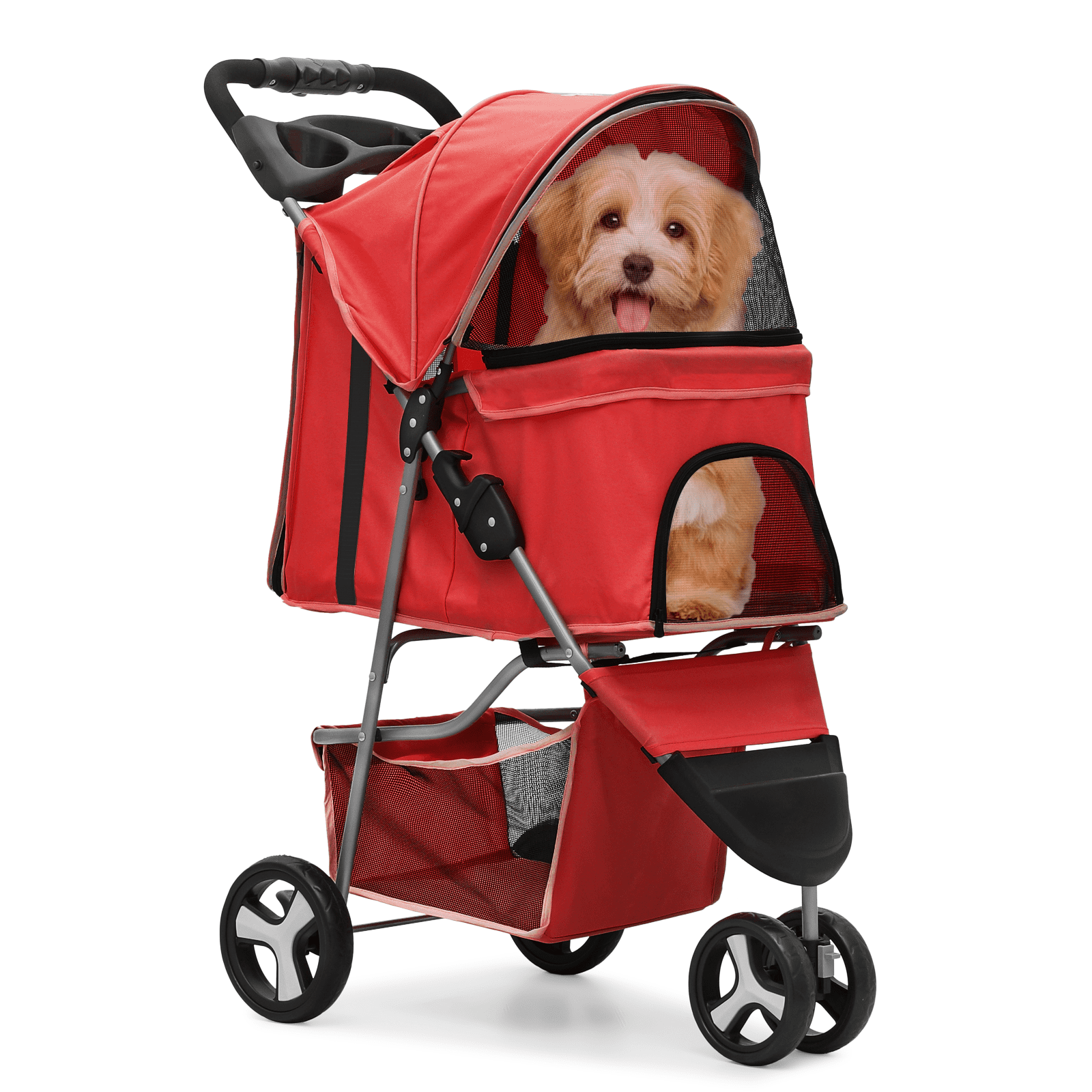 MoNiBloom 3 Wheel Folding Pet Stroller, Foldable Dog Jogger Stroller with Storage Basket, Cup Holder & Canopy