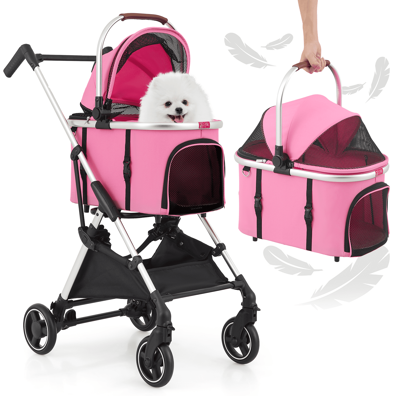 Pink Aluminum 3-in-1 Pet Stroller with Detachable Carrier