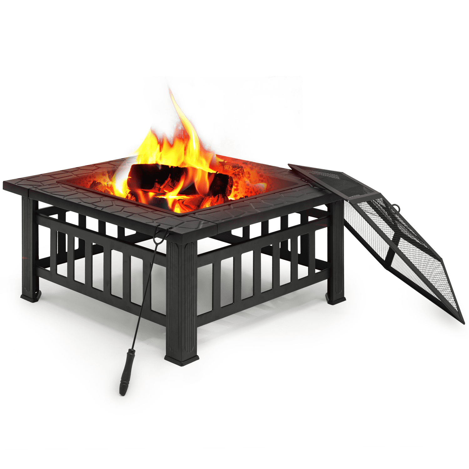 MoNiBloom 32" Fire Pit for Outside, Wood Burning Fire Pit Table with Screen Lid, Poker and Log Grate, Outdoor Fire Pit for Backyard Patio Garden, Black
