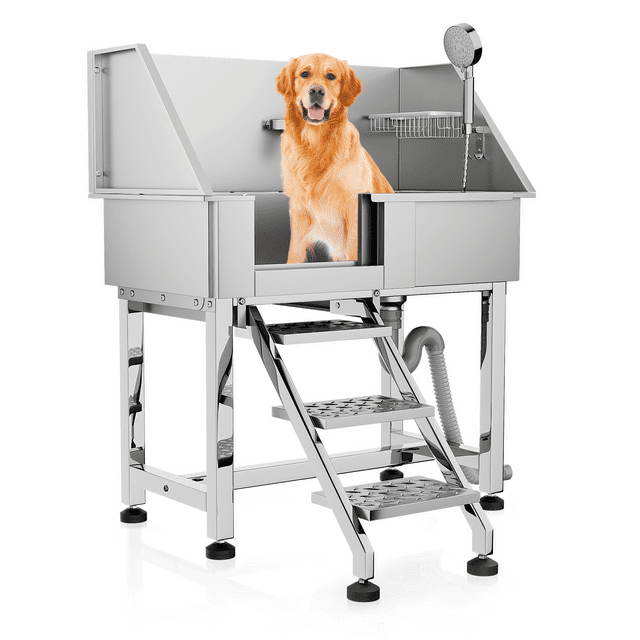 MoNiBloom 34" Pet Grooming Tub, Stainless Steel Pet Washing Station with Retractable Step, Faucet, Shower Head