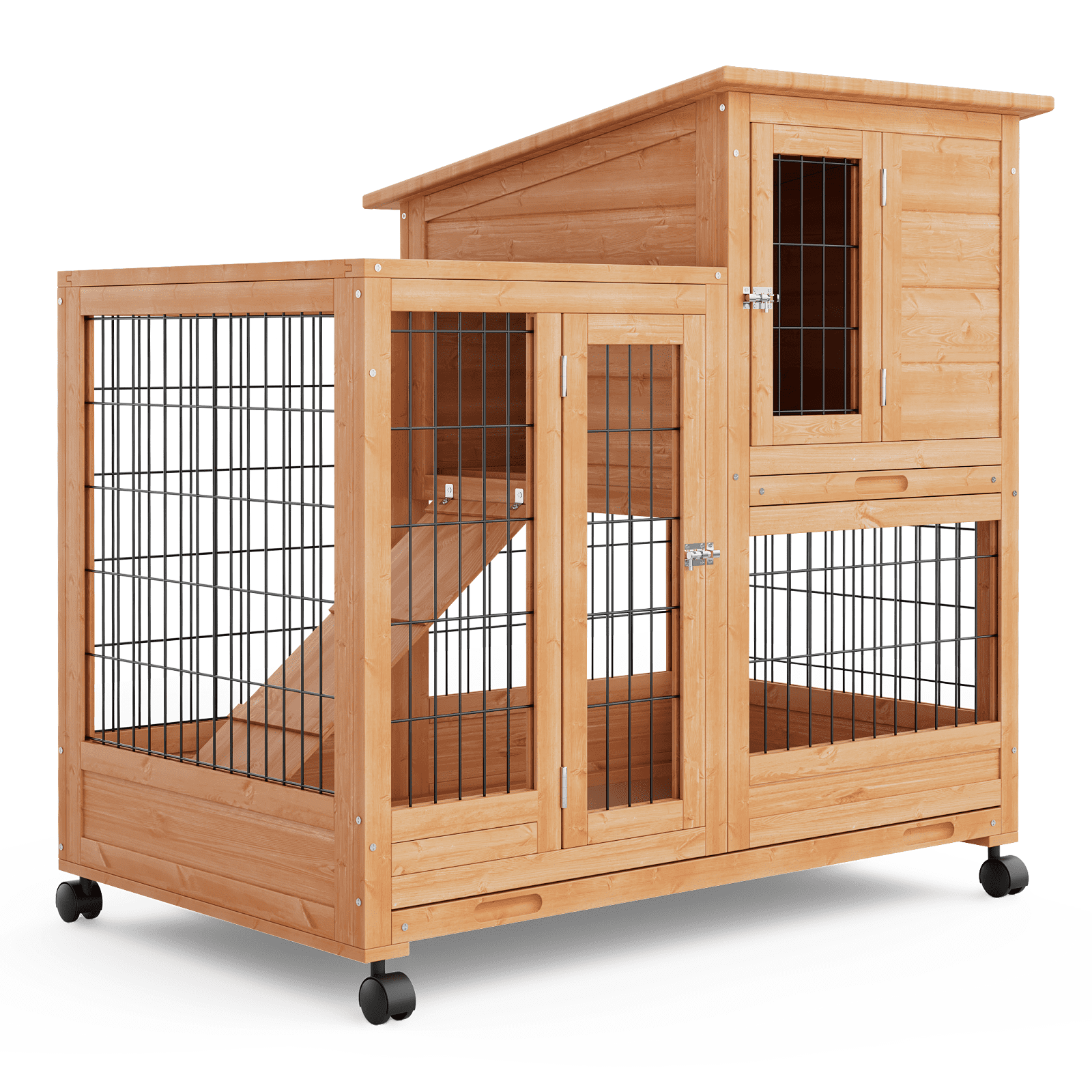 Natural Cedar 2-Story Rabbit Hutch with Wheels and Removable Trays