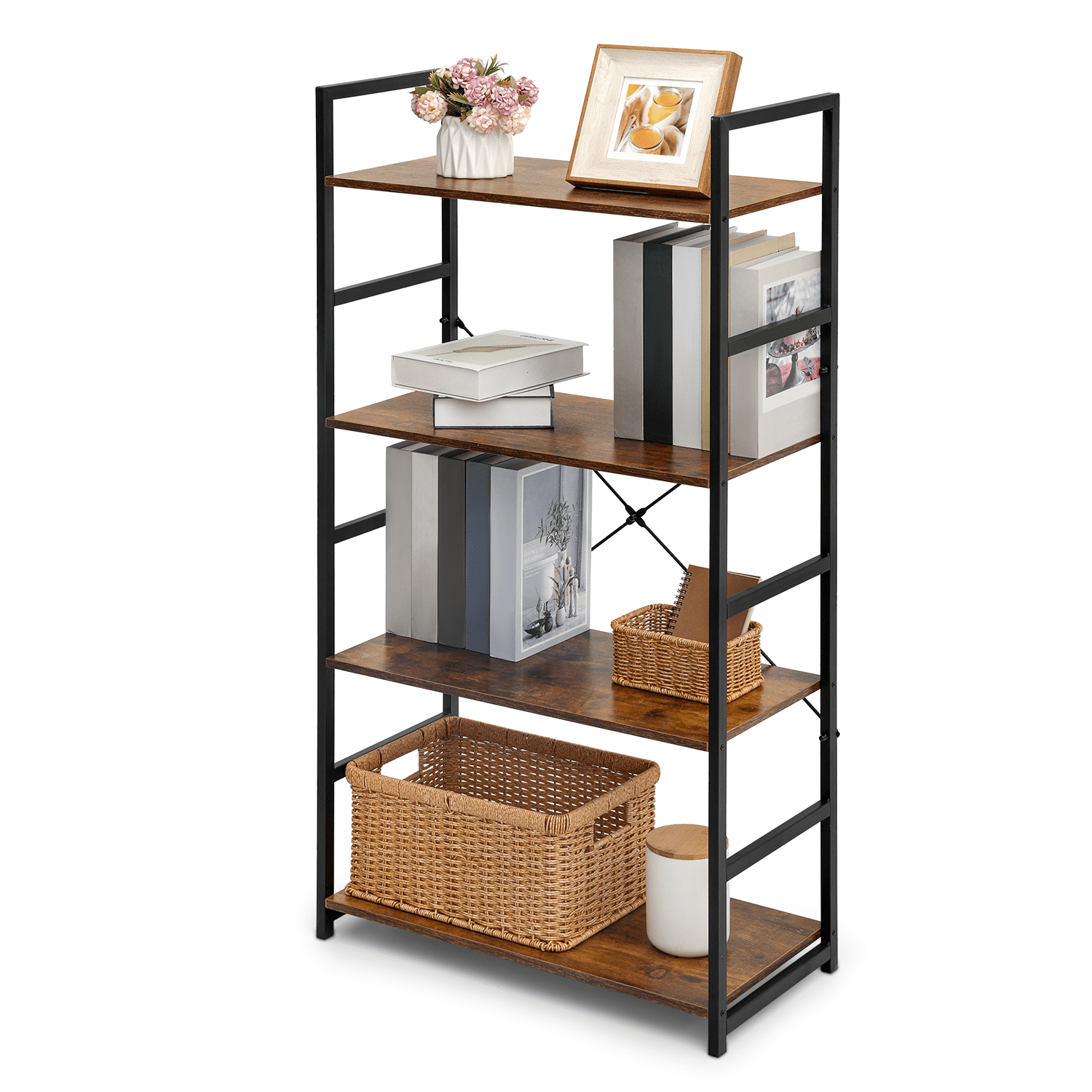 Rustic Brown 4-Shelf Industrial Metal Frame Bookcase