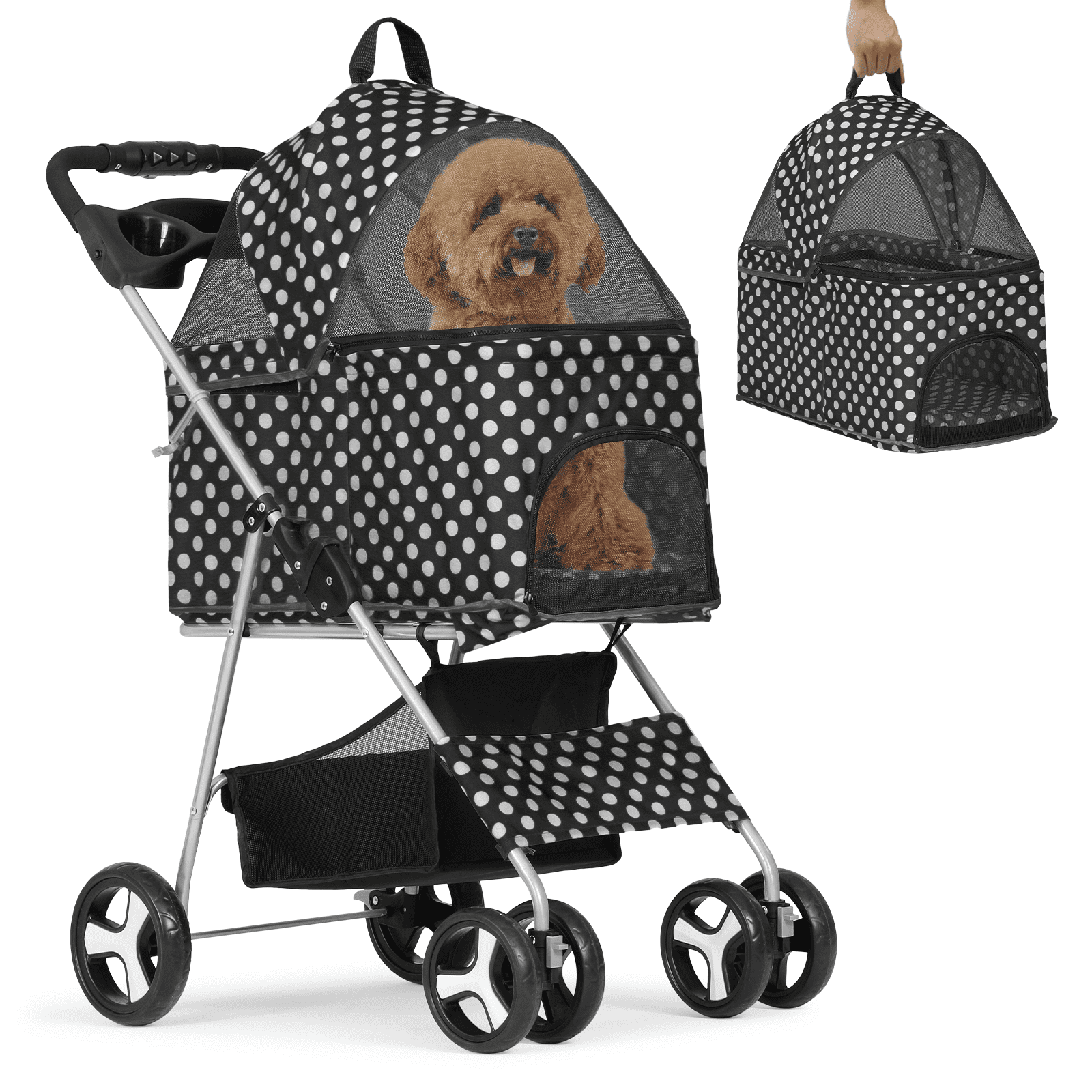 MoNiBloom 4 Wheel Foldable Dog Pet Stroller with Cup Holder, Black with White Polka Dots