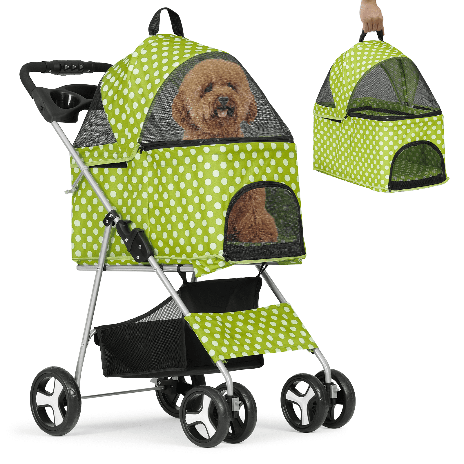 MoNiBloom 4 Wheel Foldable Dog Pet Stroller with Cup Holder, Lawn Green with White Polka Dots