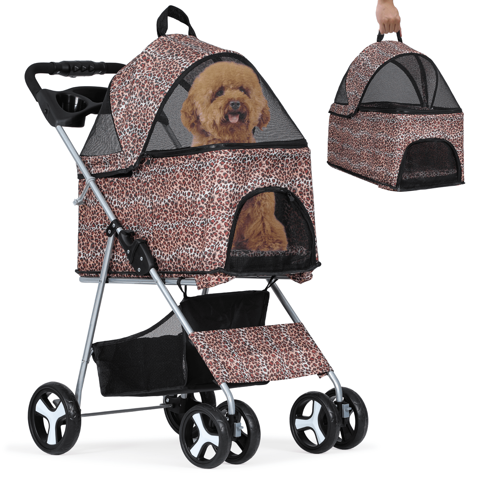 MoNiBloom Folding Pet Stroller, Foldable Dog Jogger Stroller with Detachable Carrier, Basket and Cup Holder