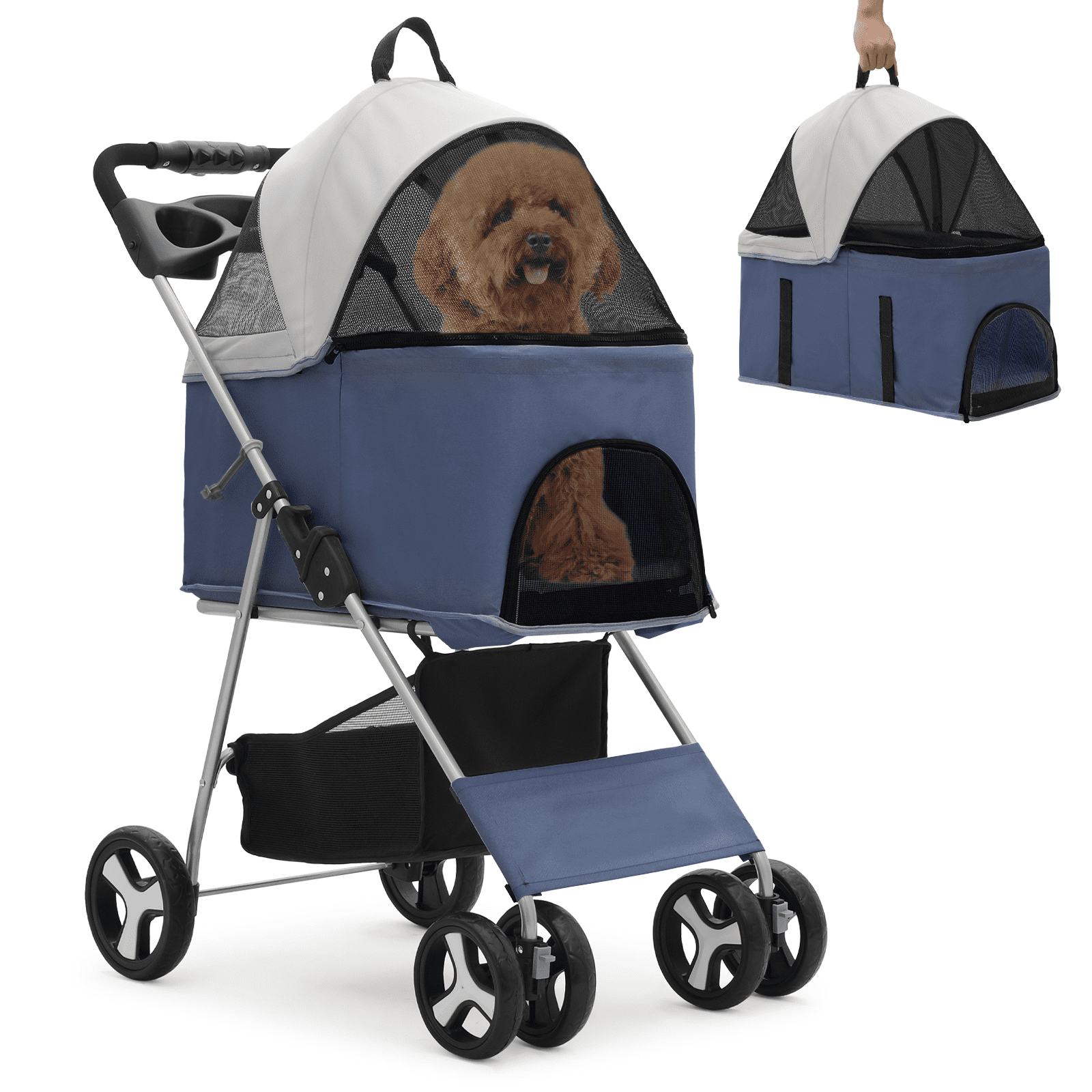 Navy Blue Foldable Steel Frame Dog Stroller with Storage