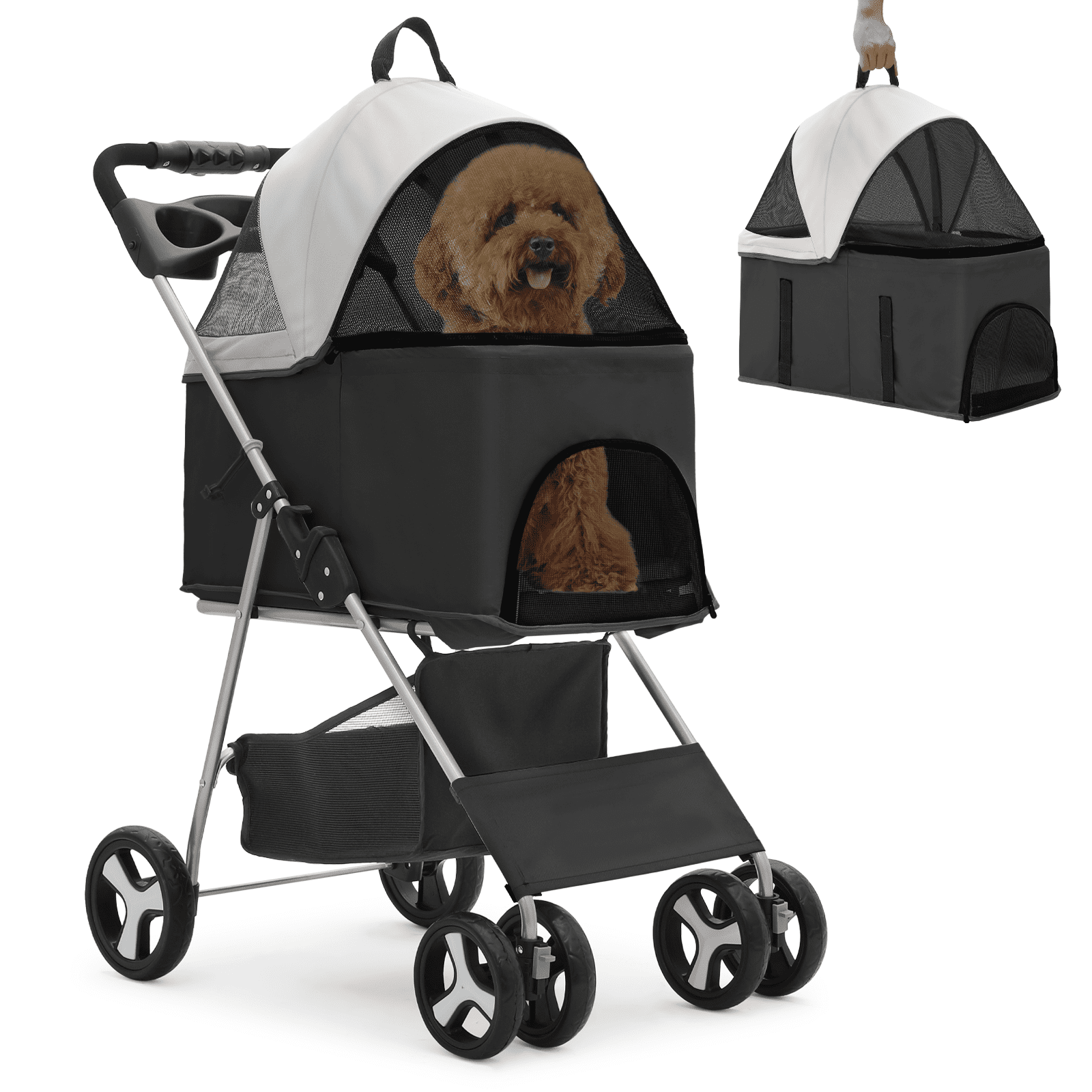 MoNiBloom 4 Wheel Foldable Dog Pet Stroller with Detachable Storage Basket, Black