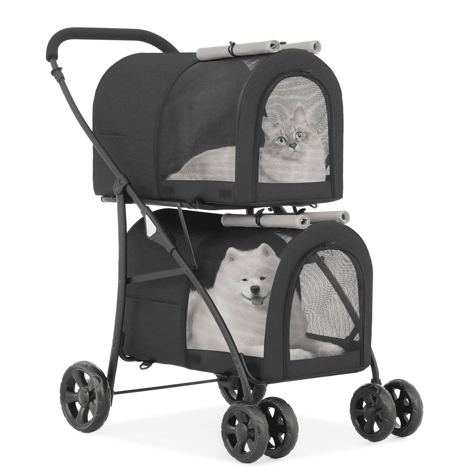 MoNiBloom 4 in 1 Double Pet Stroller, Foldable Cat Stroller for 2 Cats/Dogs with Detachable Carrier Bags & Rear Brakes, Black/Gray