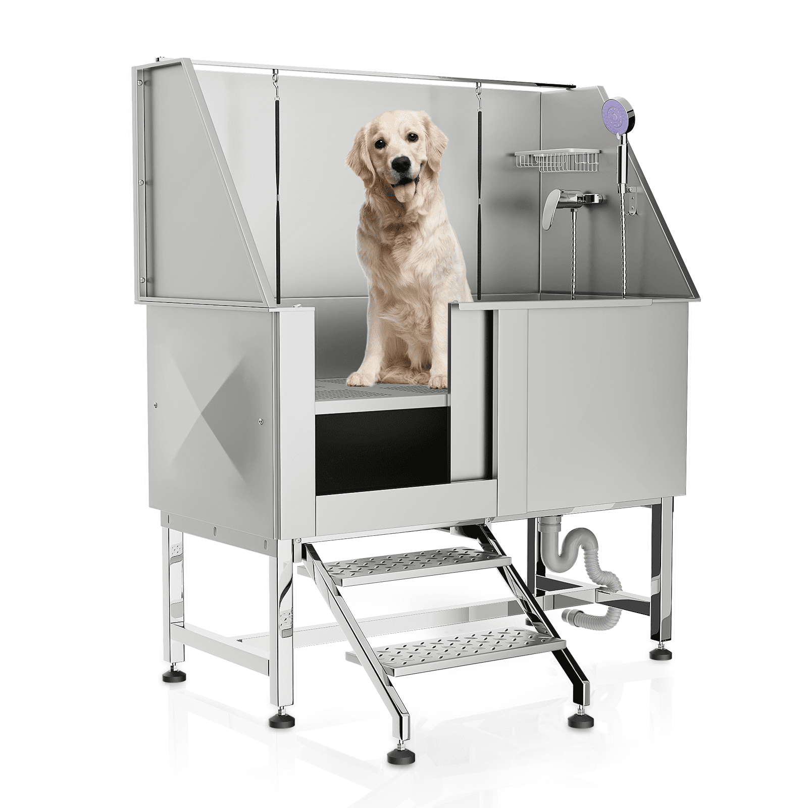 MoNiBloom 50" Stainless Steel Pet Grooming Tub with Retractable Steps and Sliding Door