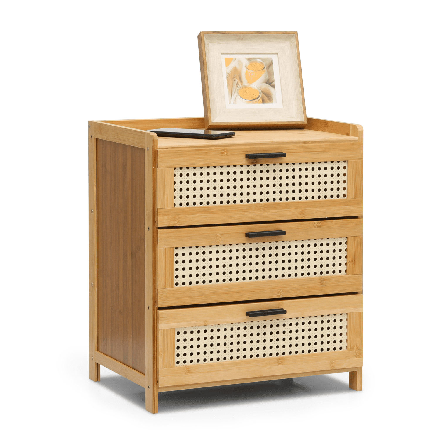 Natural Bamboo 3-Drawer Nightstand with Rattan Pattern