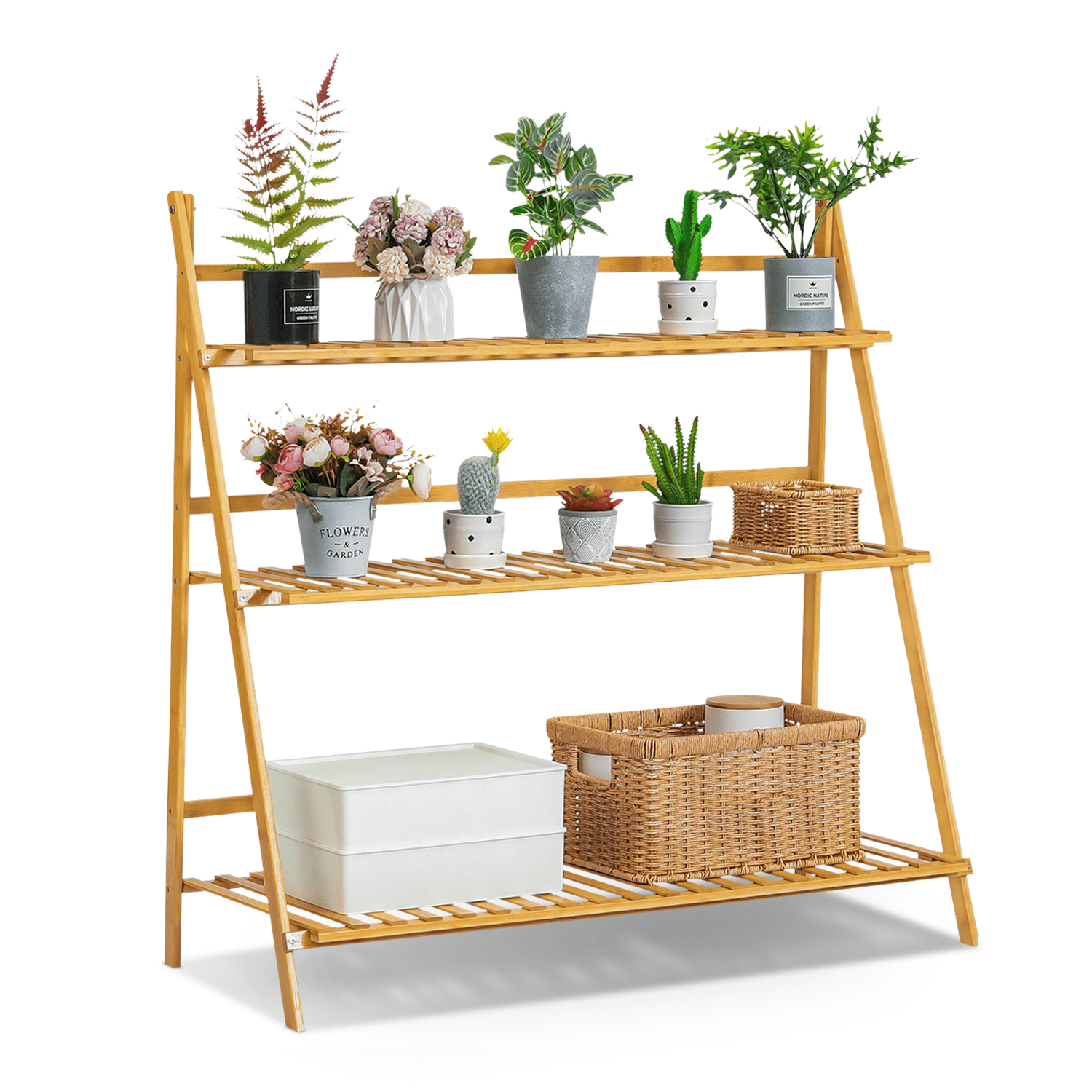 3 Tiers Trapezoidal Bamboo Wood Plant Pot Stand Folding Ladder Holder