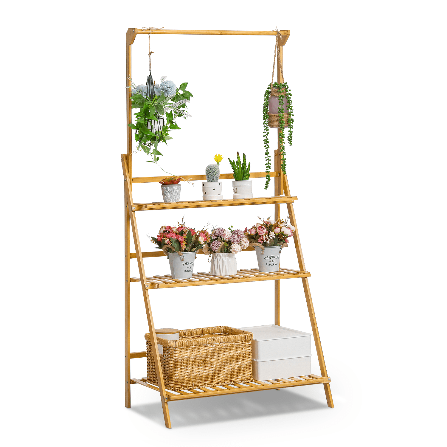 Bamboo 3 Tier Plant Stand Triangular Flower Pot Holder With Hanging Basket