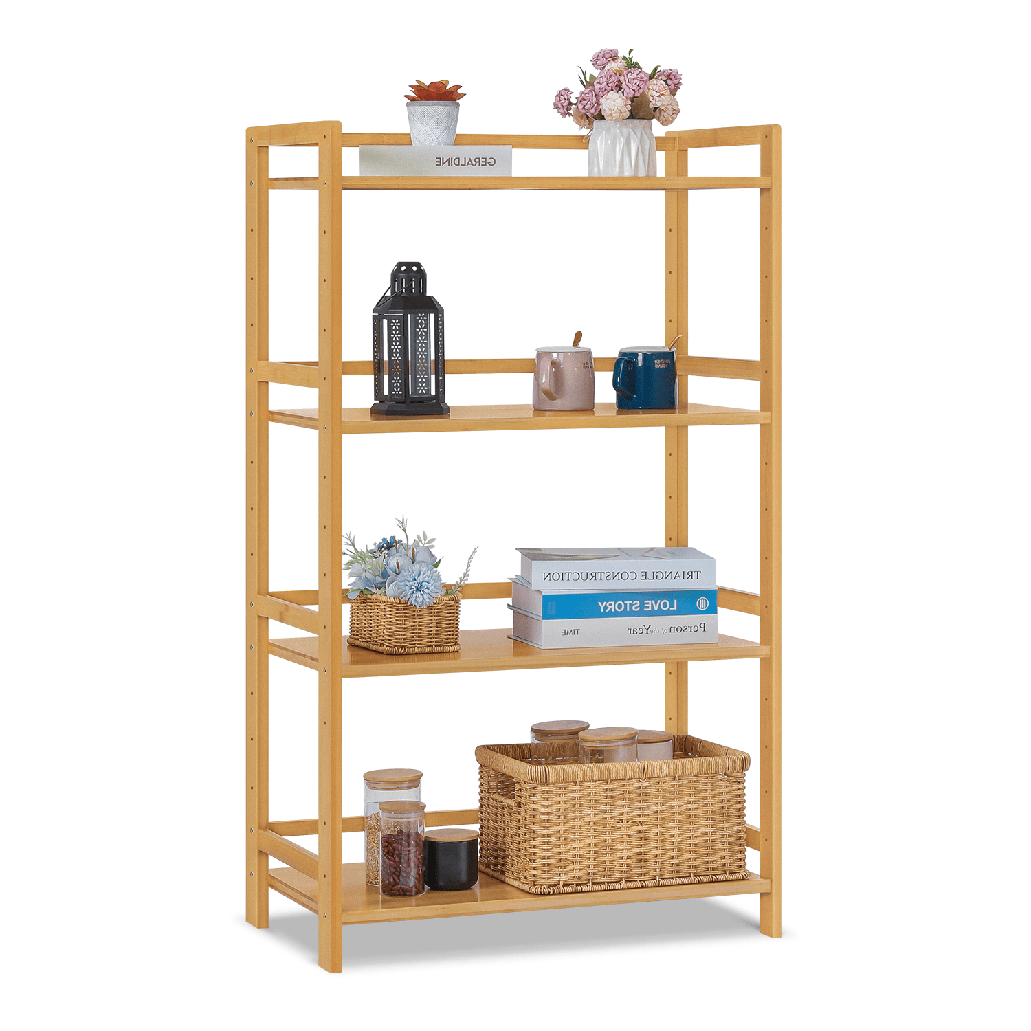 Natural Bamboo 4-Tier Adjustable Bookshelf with Slatted Sides