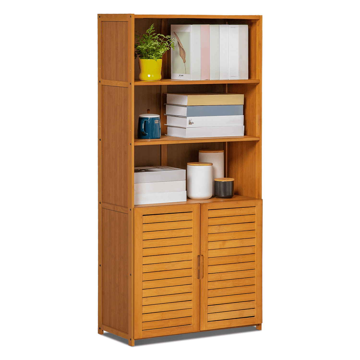 Brown Bamboo 5-Tier Bookcase with Shutter Doors