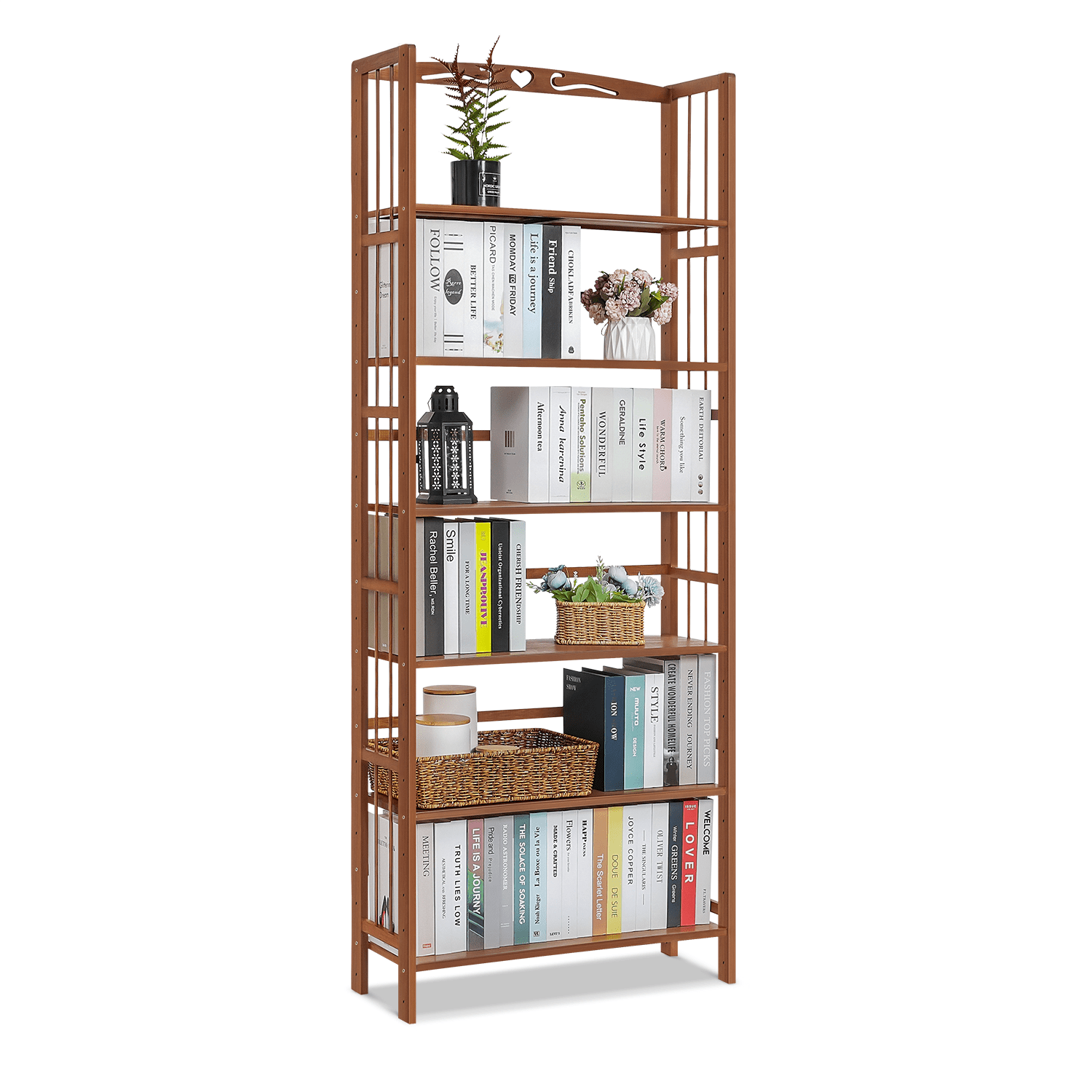 Brown Bamboo 6-Tier Adjustable Bookshelf with Varnished Finish