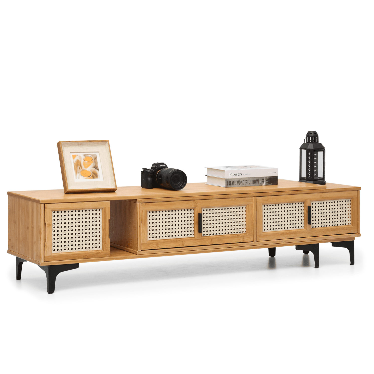 MoNiBloom Bamboo TV Stand with Storage Cabinet, 54" to 82.5" Extendable Length TV Console for Home Living Room