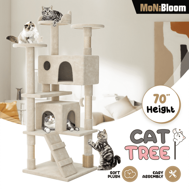 MoNiBloom Cat Tree Houses for Indoors, Multi-Level Cat Tree Tower, 70" Height（Beige）