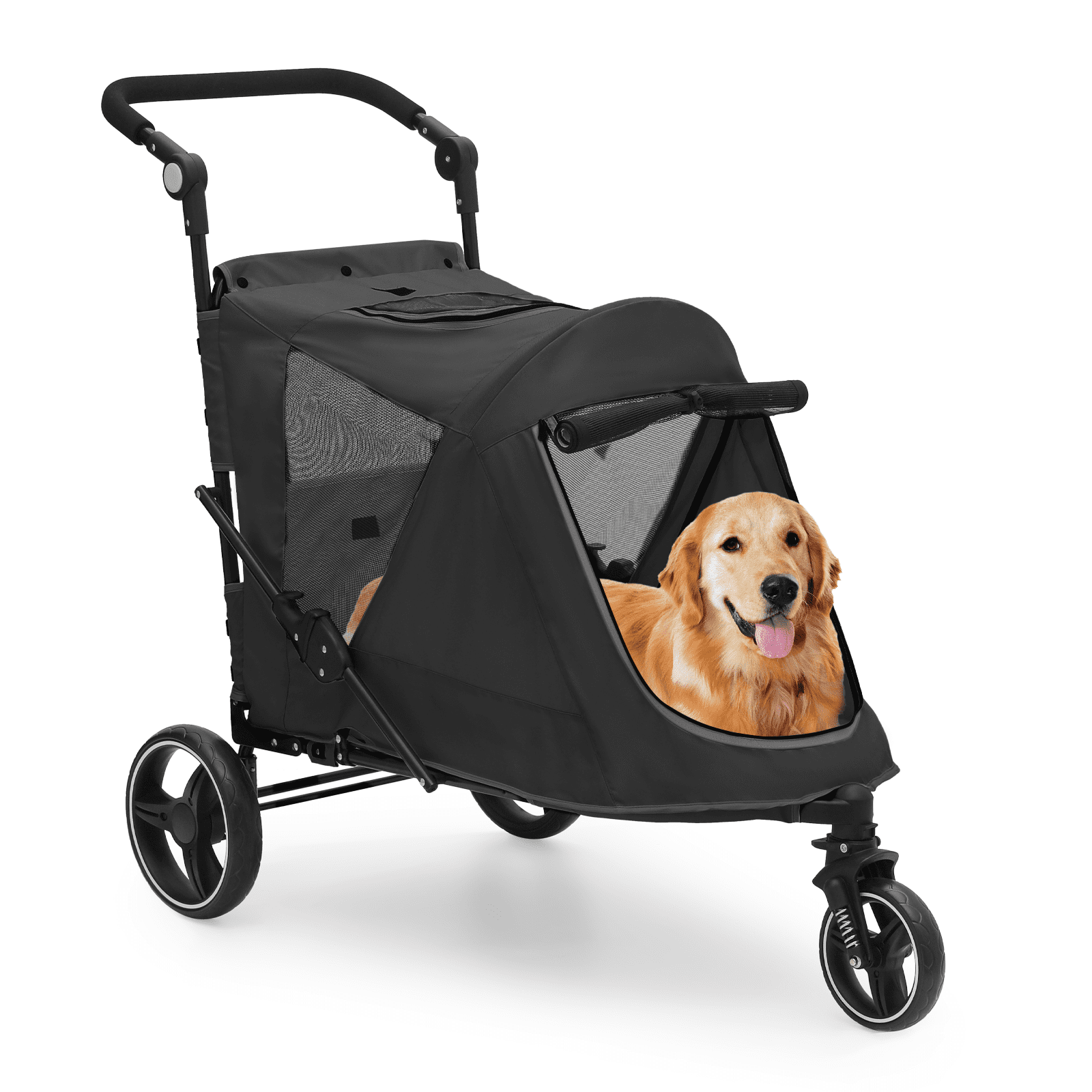 Black Steel Frame 3-Wheel Dog Stroller with Adjustable Handle