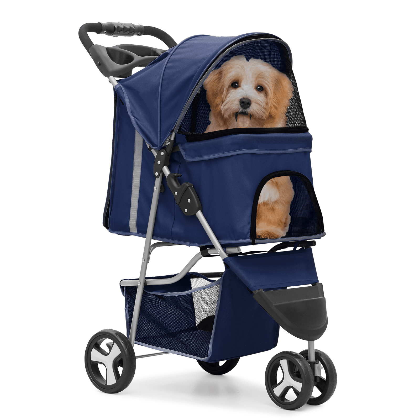 MoNiBloom Foldable Pet Dog Stroller with Wheels, Cat Dog Stroller with Storage Basket and Cup Holder for Small and Medium Cats, Dogs, Puppy, Navy Blue