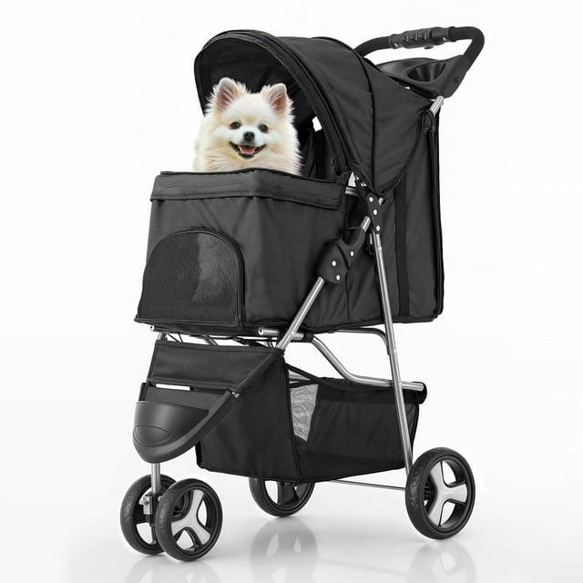ATCHISON Foldable Pet Stroller, 3 Wheels Folding Carrier Jogger Stroller for Dogs Cats with Canopy and Basket