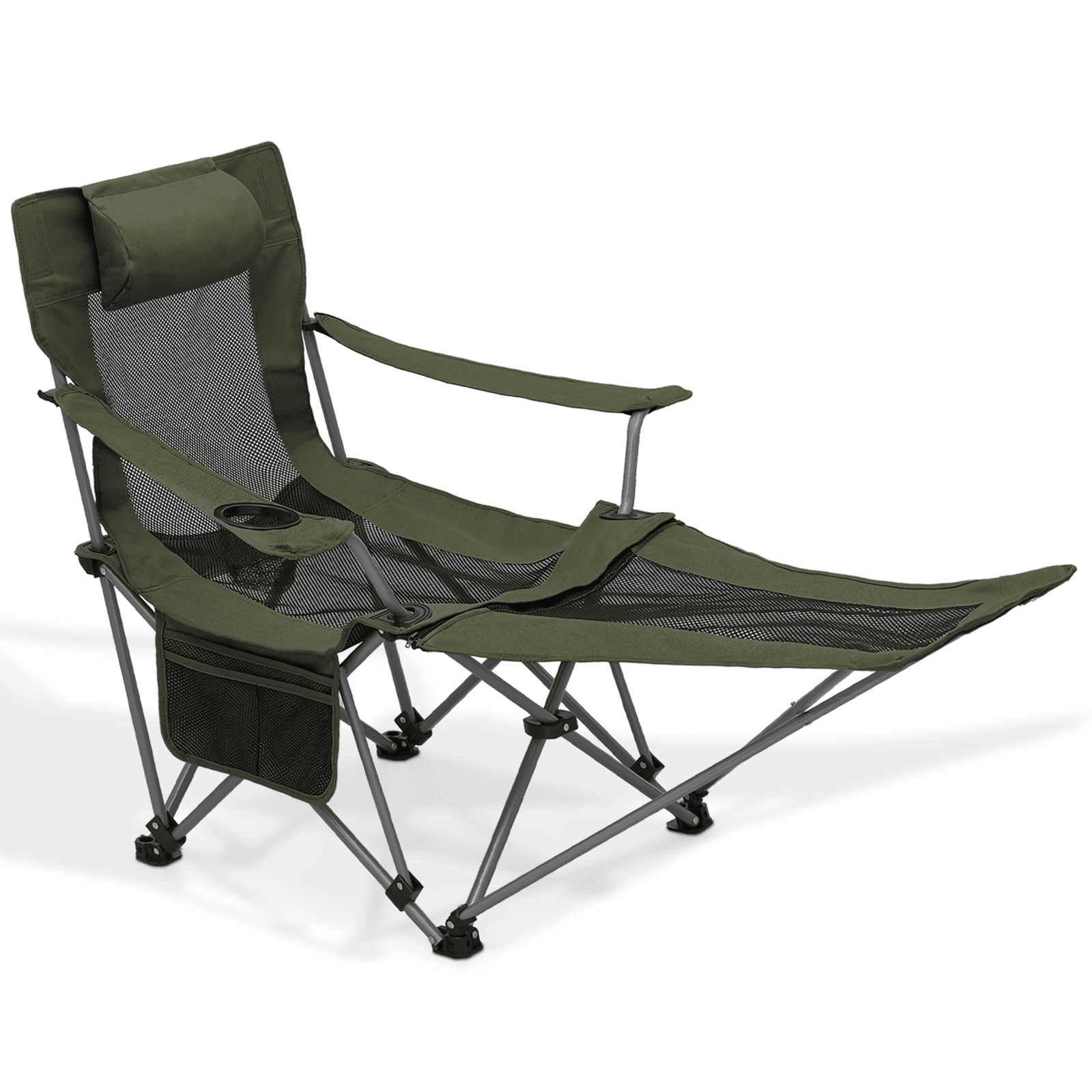 Dark Green Foldable Reclining Camping Chair with Footrest and Cup Holder