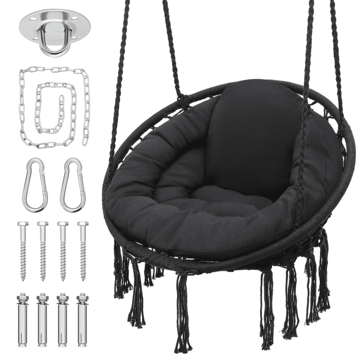 Black Macrame Hanging Chair with Cushions and Metal Frame