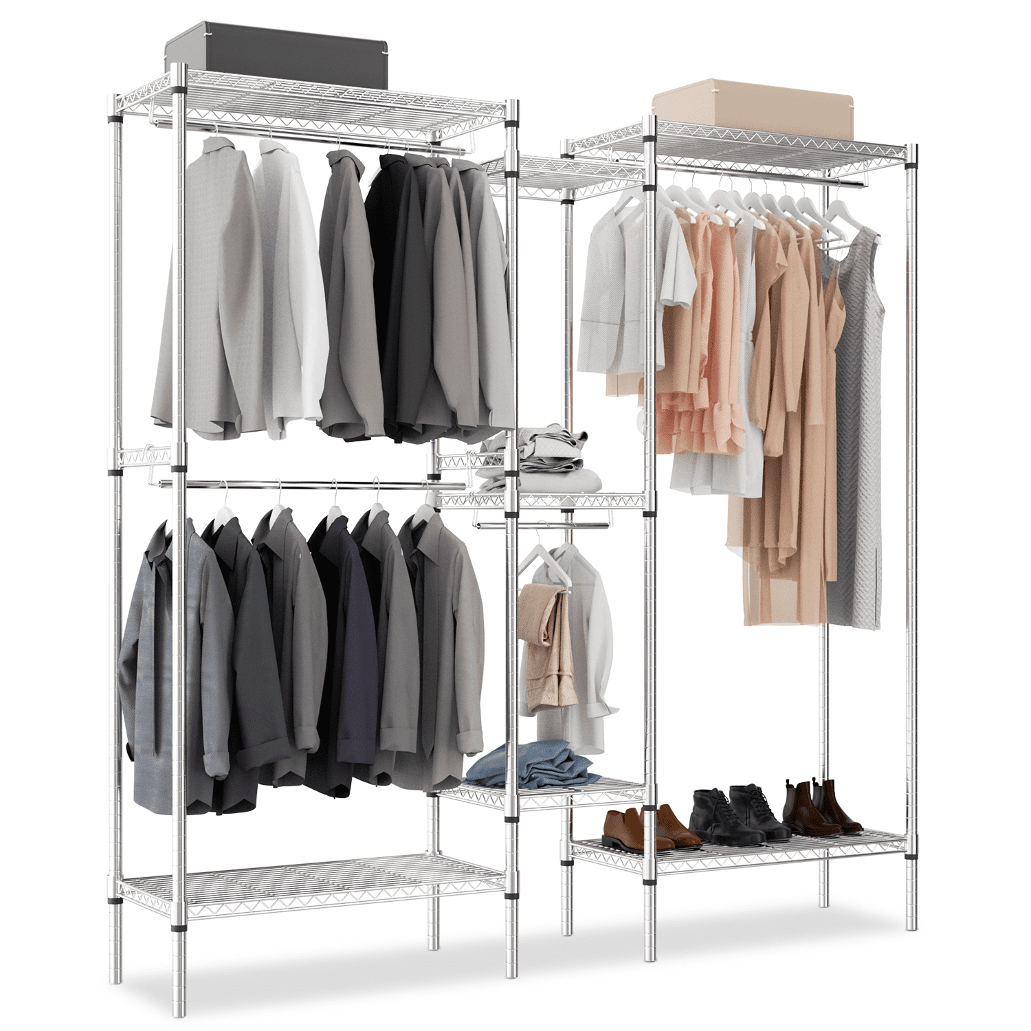 Silver Heavy Duty Freestanding Metal Garment Rack with Adjustable Shelves