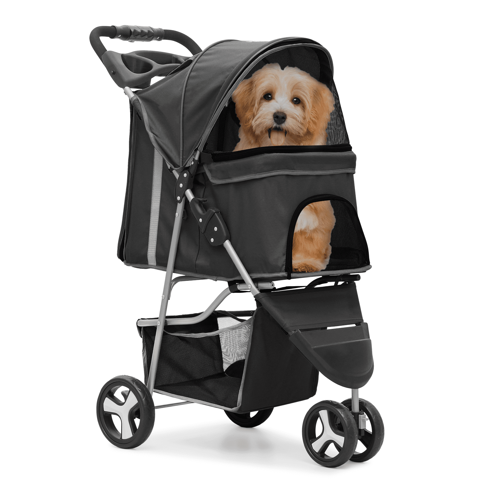 MoNiBloom Pet Dog Stroller, 3 Wheels Foldable Dog Cat Strollers with Storage Basket and Cup Holder for Small and Medium Cats, Dogs, Puppies, Black