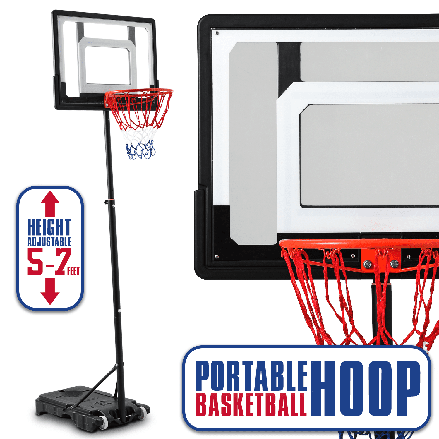 MoNiBloom Portable Basketball Hoop Goal 5ft - 7ft Adjustable with 33" Backboard Wheels Fillable Base