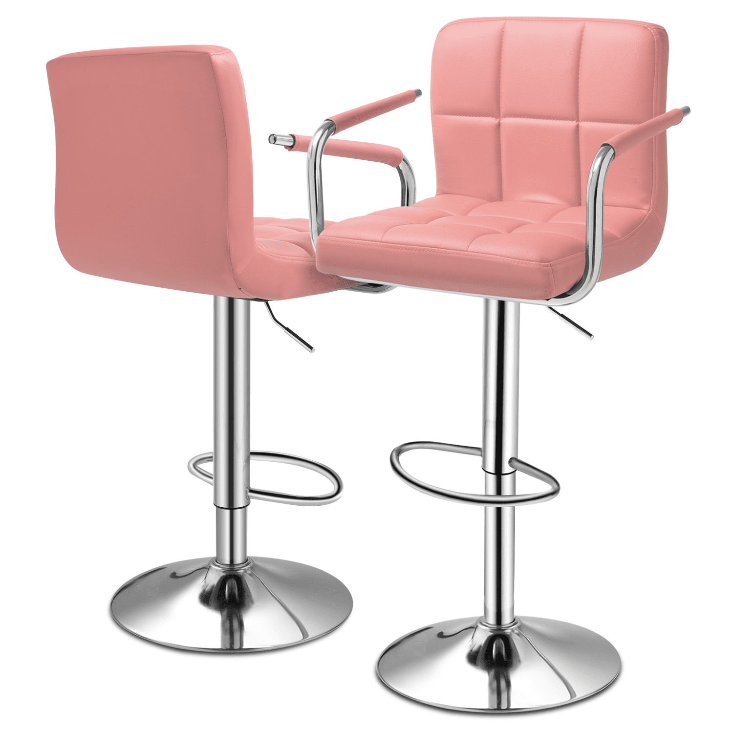 Pink Adjustable Leather Swivel Bar Stools with Chrome Base, Set of 2