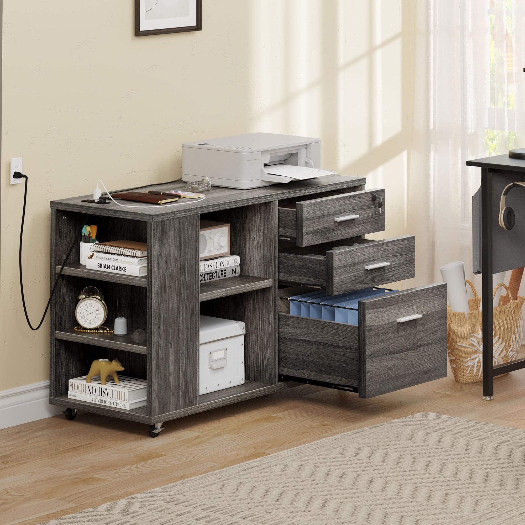 Moasis Wood File Cabinet with Charging Station Mobile Lateral Filing Cabinet Lockable Fits A4 Letter Legal Size Files Grey
