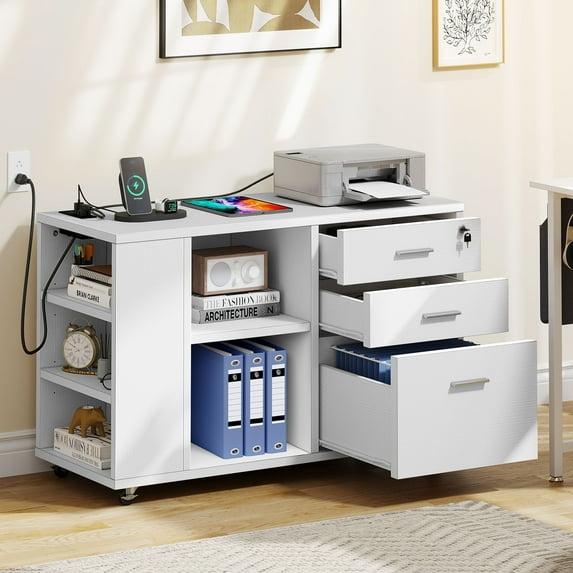 Moasis Wood File Cabinet with Charging Station Mobile Lateral Filing Cabinet Lockable Fits A4 Letter Legal Size Files White