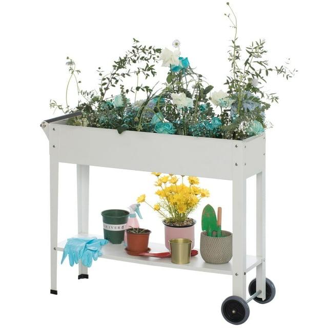 Gardenised Mobile Planter Raised Garden Bed Rectangular Flower Cart with Shelf