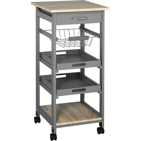 Mobile Rolling Kitchen Island Trolley Serving Cart with Underneath Drawer & Slide-Out Wire Storage Basket, Grey