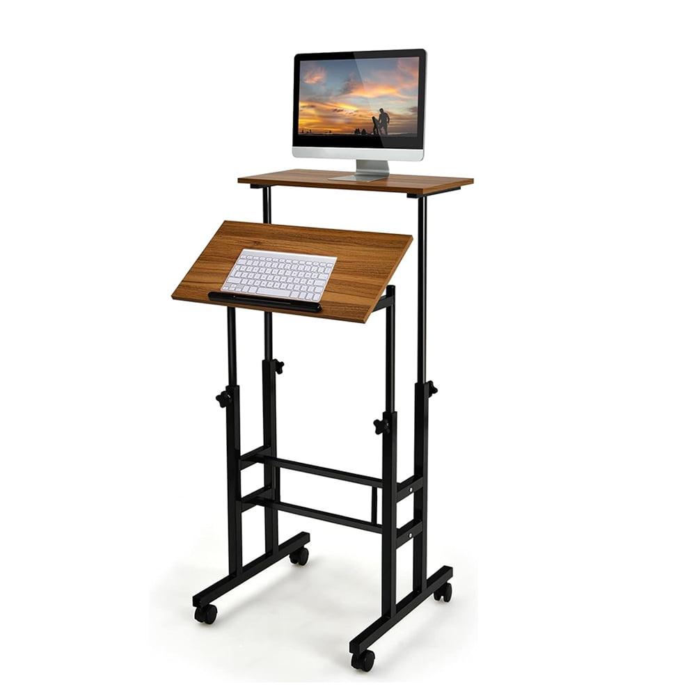 Black Adjustable Height Rolling Laptop Cart with Dual Tabletops