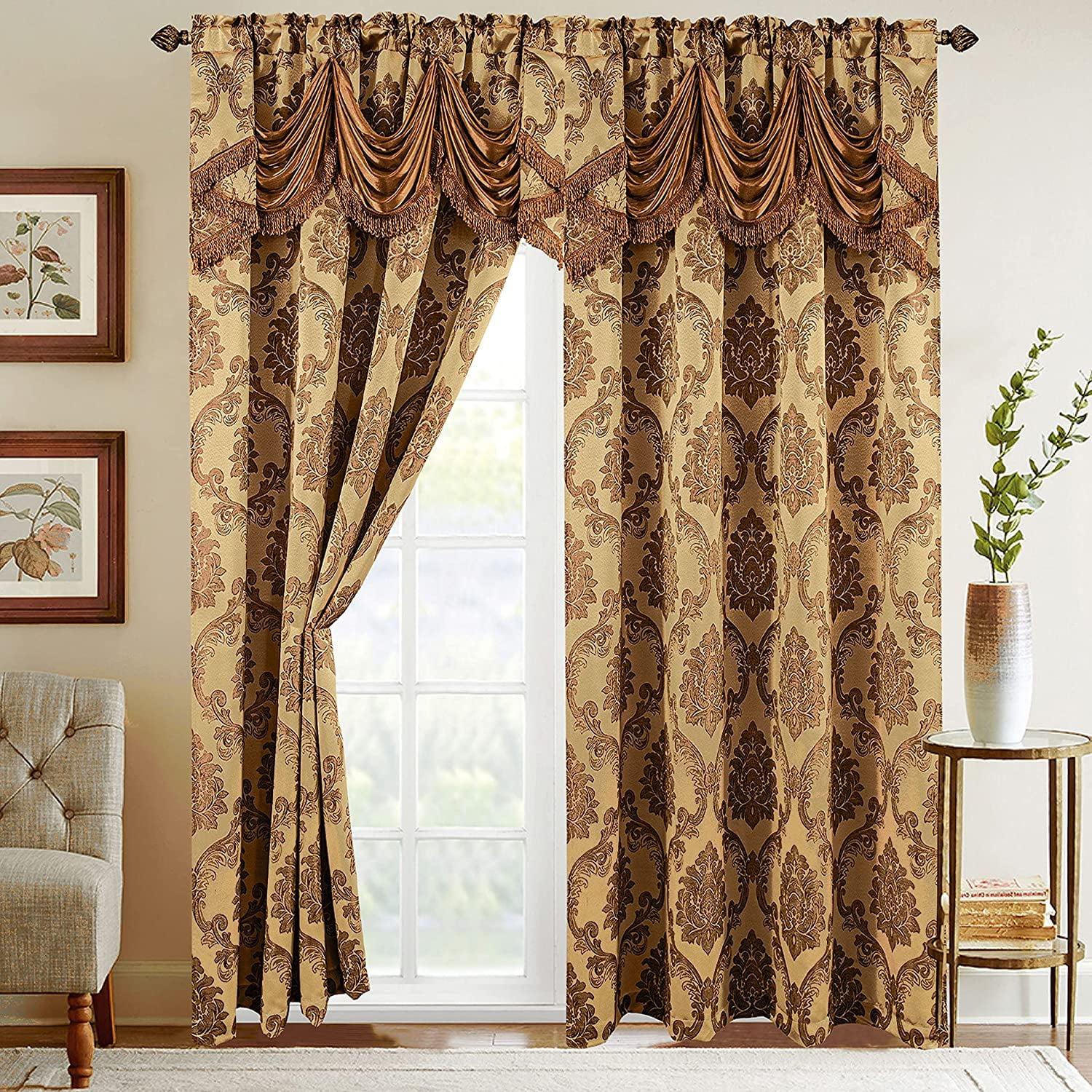 Gold and Taupe Jacquard Rod Pocket Window Drape Set with Valance