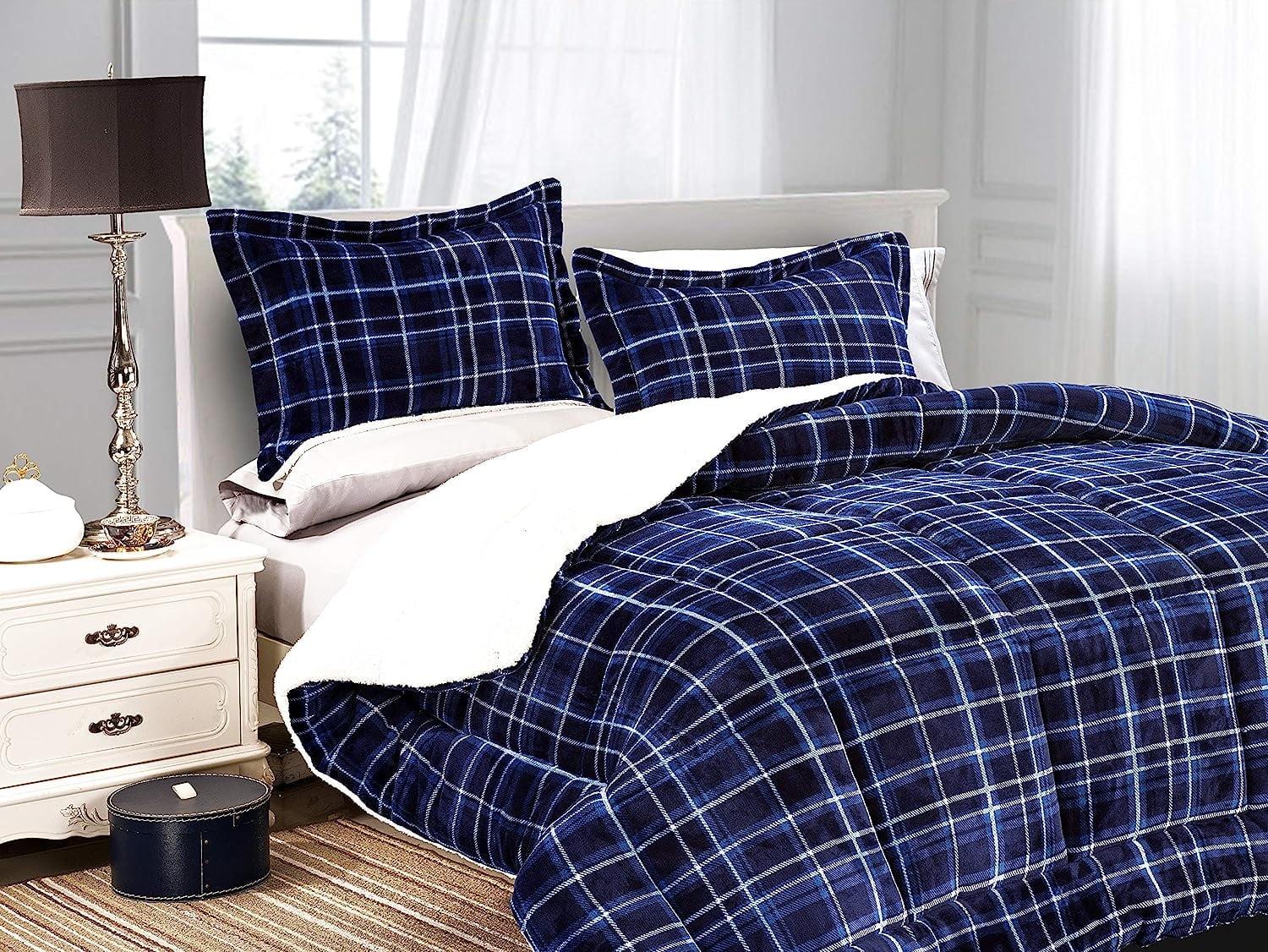 Mocassi Heavy Weight Plaid Pattern 3PC Comforter Set - Micromink Sherpa-Backing, Down Alternative Micro-Suede, 3-Piece Comforter Set, Full/Queen, Navy