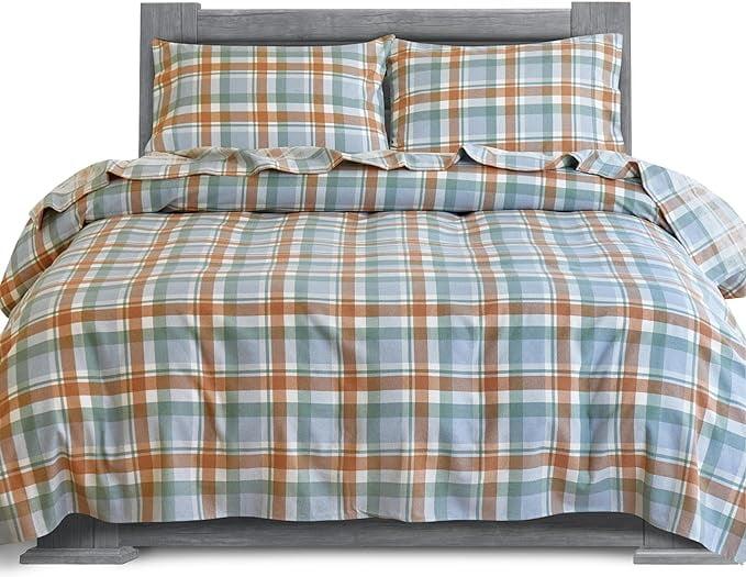 Elegant Comfort Soft 4-Piece Sheet Set - Deep Pocket Fitted Sheet, Soft, Cozy, Warm and Anti-Pill Flannel Sheets - Queen, Plaid Coral