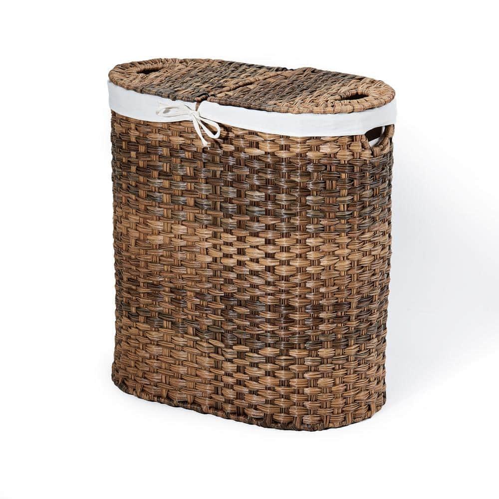 Mocha Brown Handwoven Wicker Double Laundry Hamper with Lid