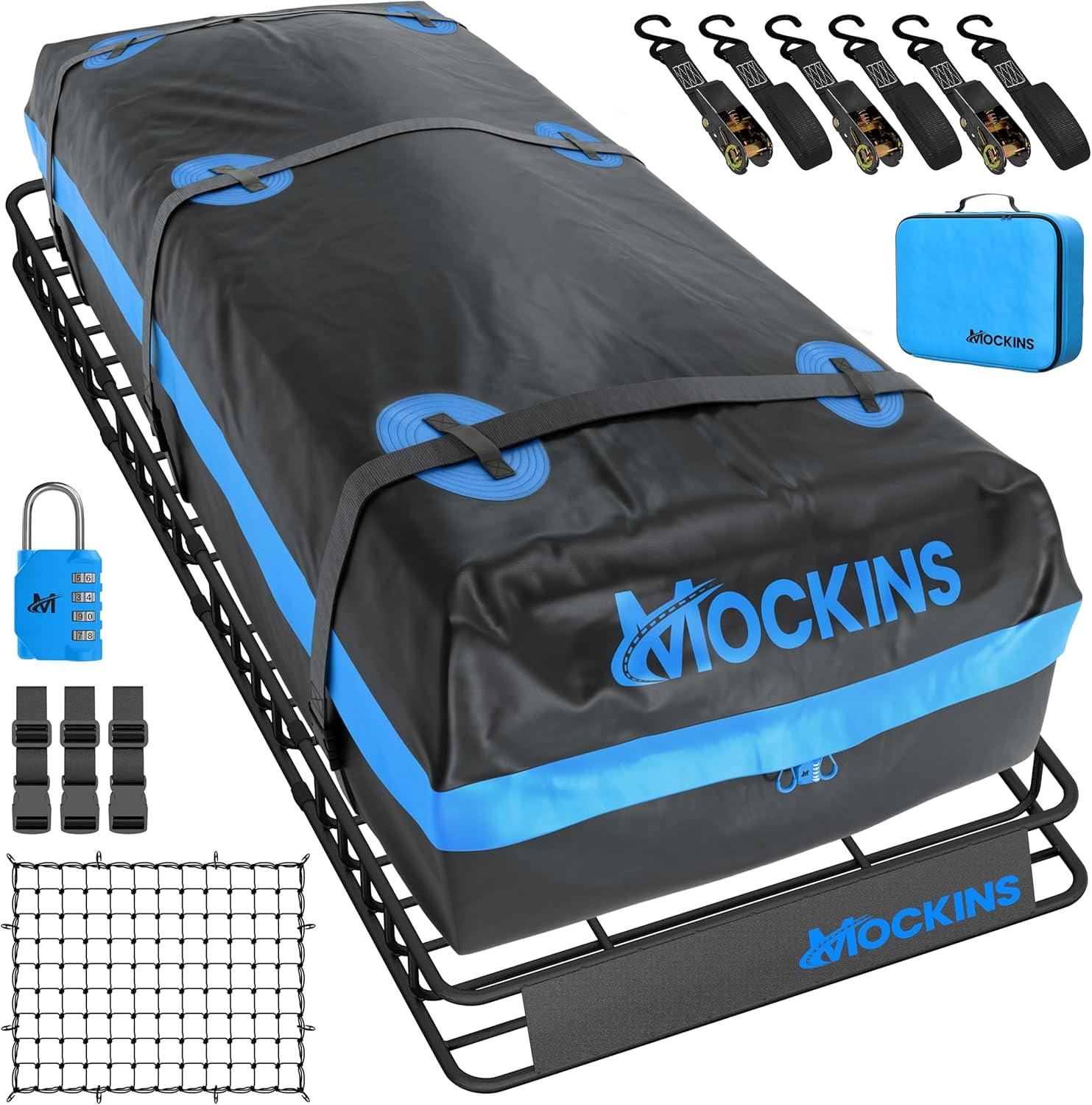 Mockins 84"x39"x6" Extendable Roof Rack Cargo Carrier Set with 35 Cu. Ft. Blue Rooftop Cargo Carrier Bag, Net, Straps, Lock and Carry Case
