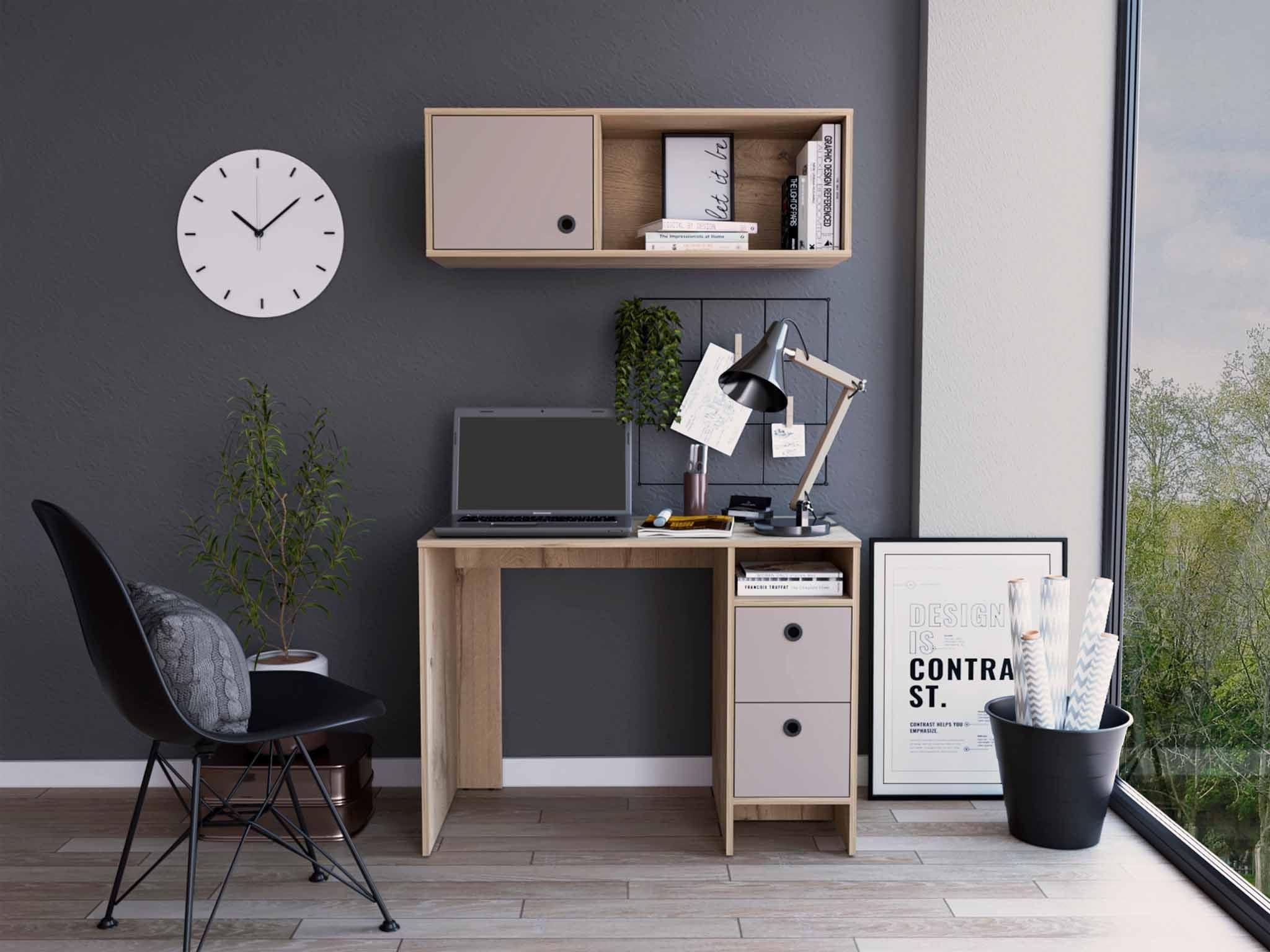 Mod Taupe & Natural Oak Two-Piece Desk and Shelf Set