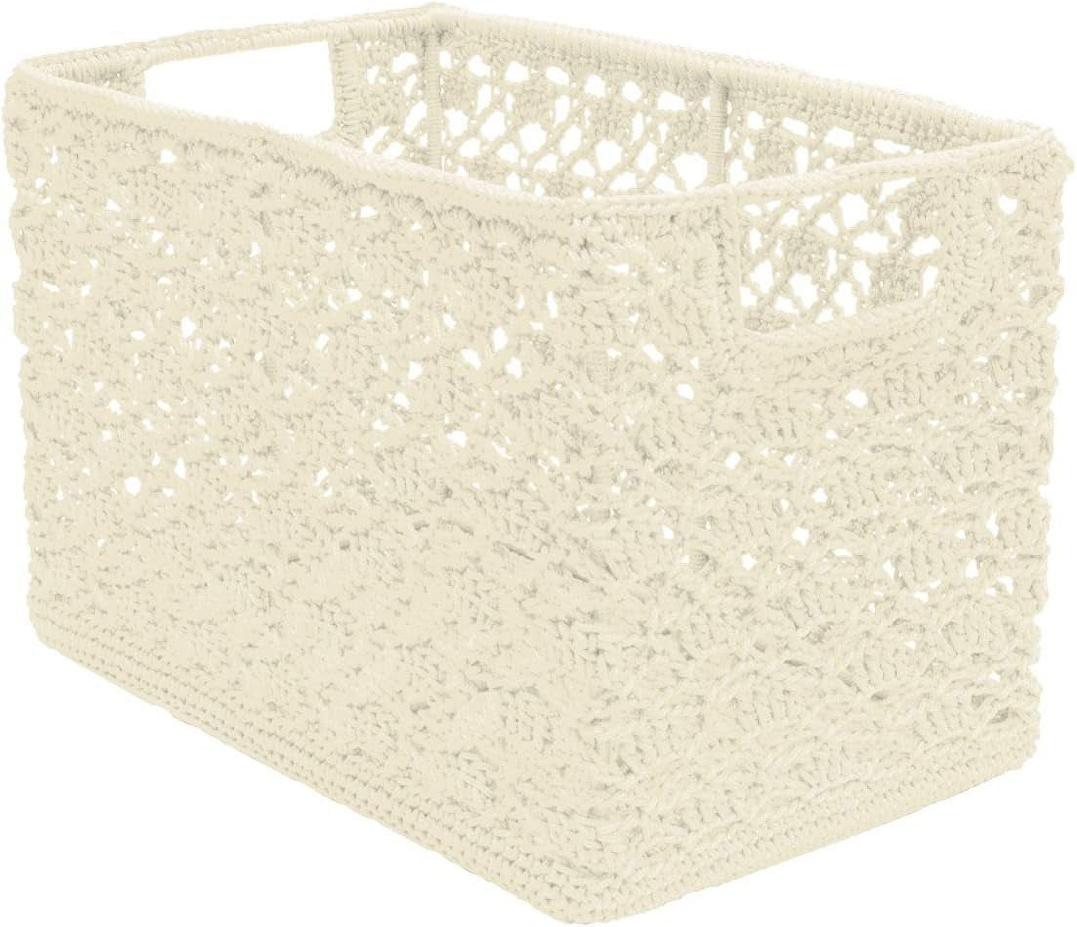 Modern White Rectangular Hand-Crocheted Polypropylene Basket