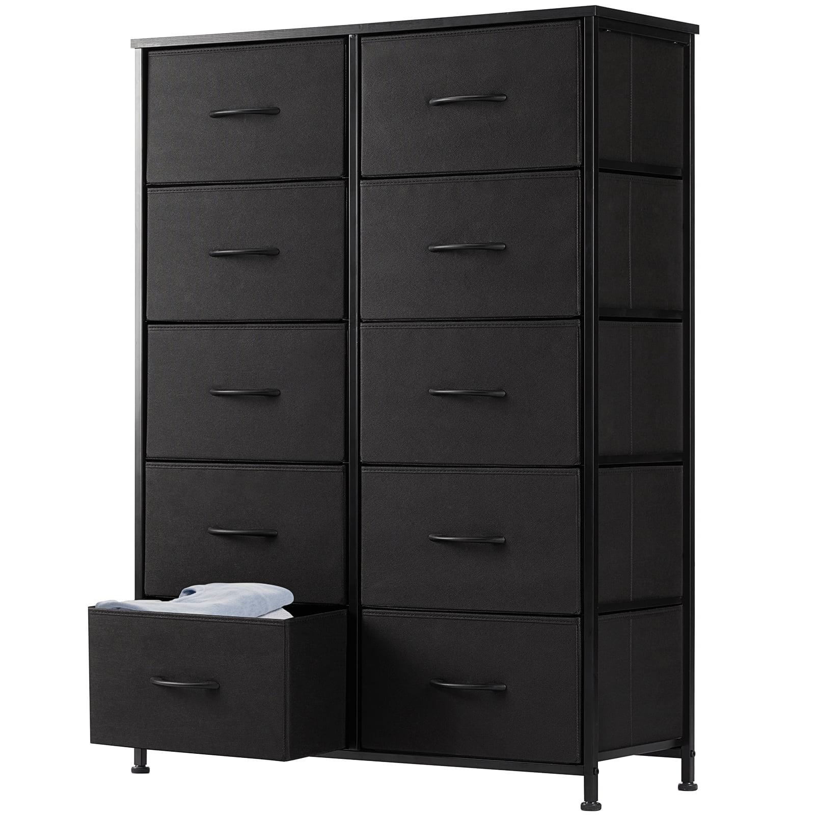 Modern 10-Drawer Fabric Storage Dresser - Tall Chest of Drawers with Steel Frame, Wooden Top, for Bedroom, Closet, Entryway, Black