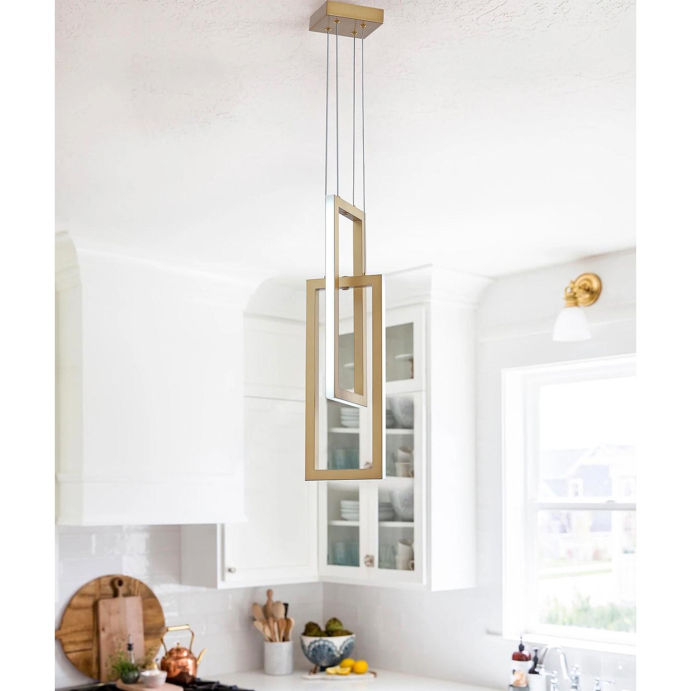 Modern 2-Light Geometric Linear Rectangle LED Pendant Gold