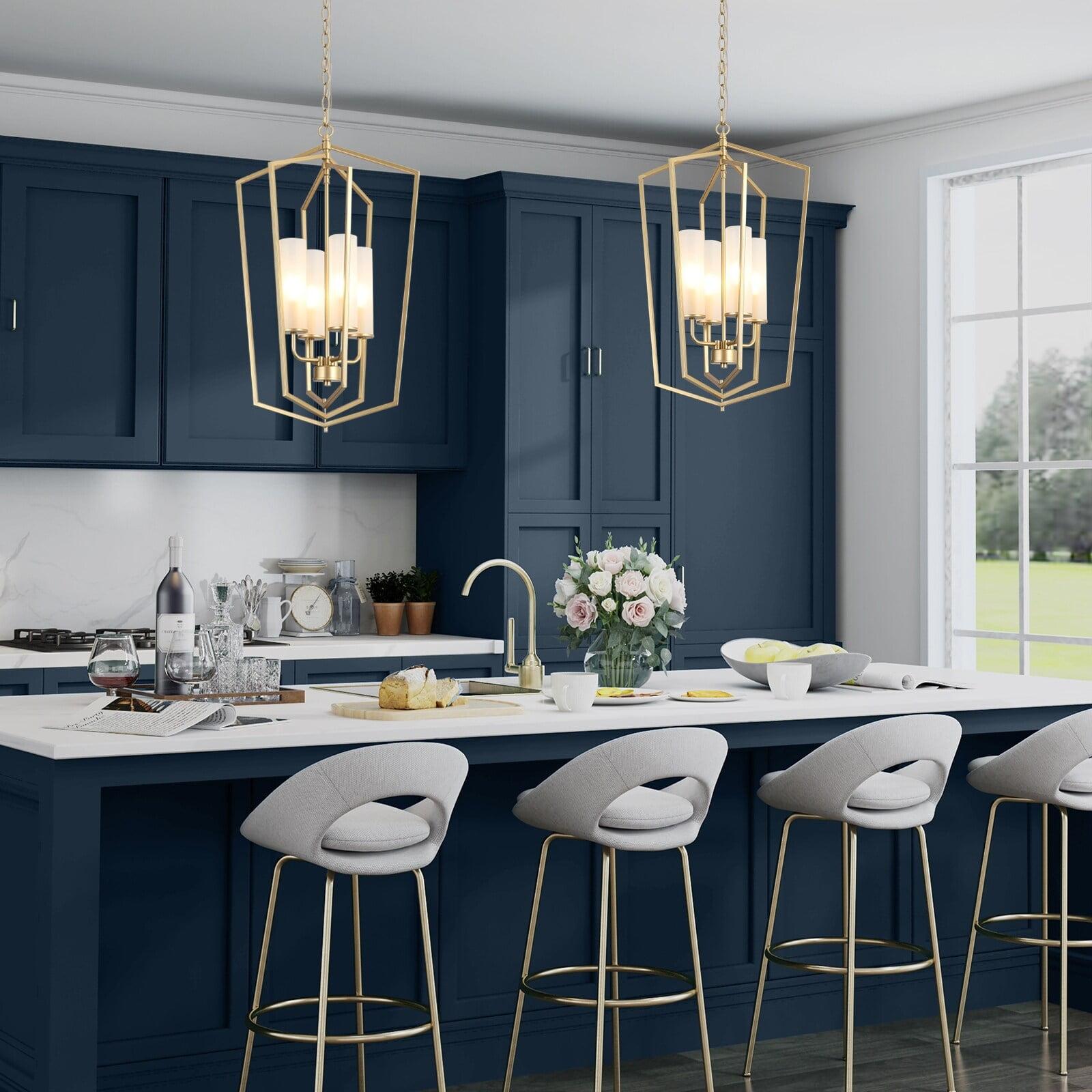 Modern Gold 4-Light Lantern Chandelier Geometric Glass Pendant Light Fixture for Kitchen Dining Room - 16.5"Dx27"H Frosted Glass Polished, Painted 25