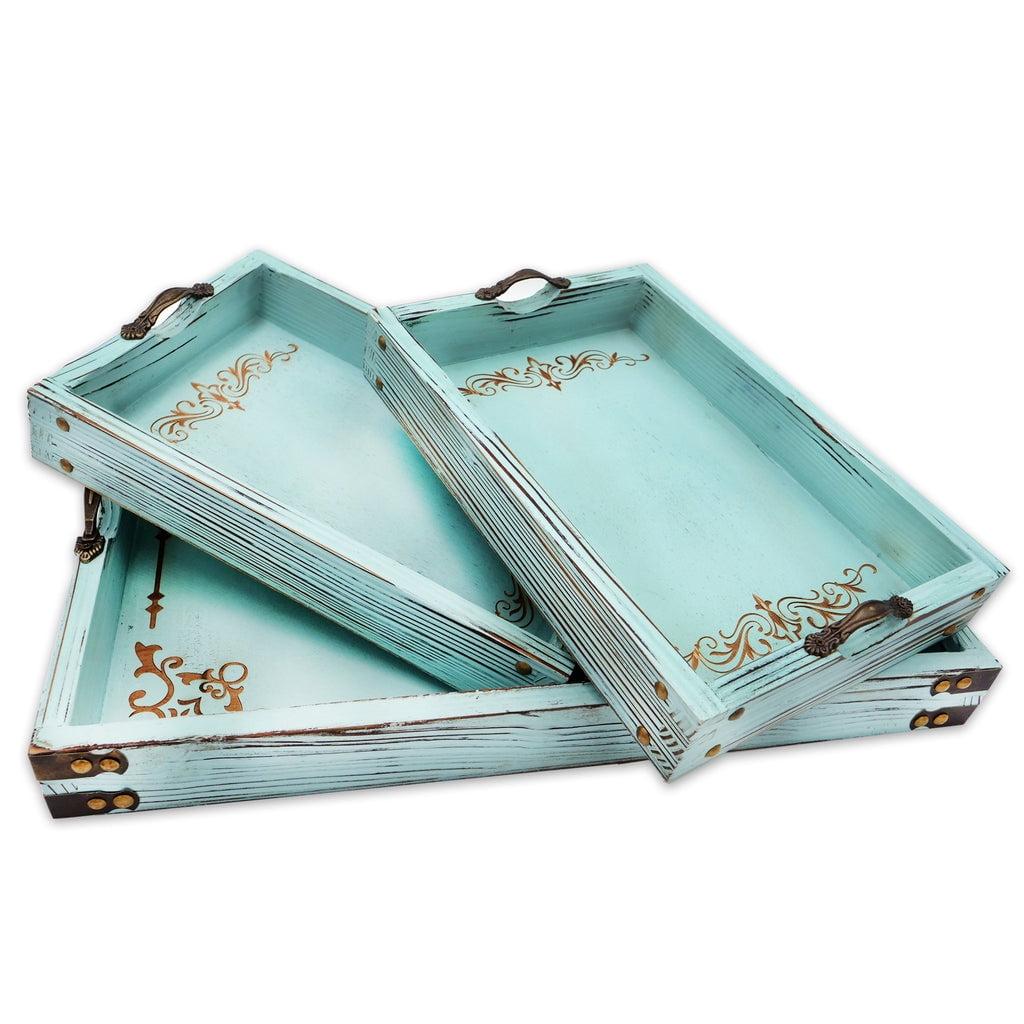 Vintage Aqua Blue Rustic Fir Wood Serving Tray Set with Handles